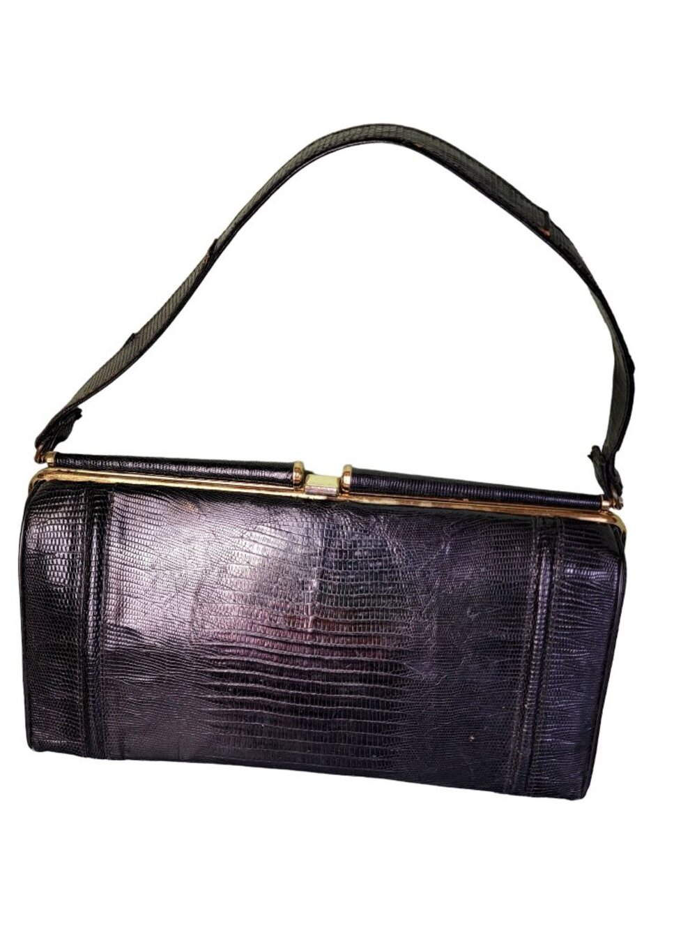 Vintage 60s Leather Purse Black Gold Handbag Women Retro Medium Shoulder Bag